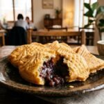 Freshly baked golden Korean Bungeoppang fish-shaped pastry broken open showing sweet red bean paste filling