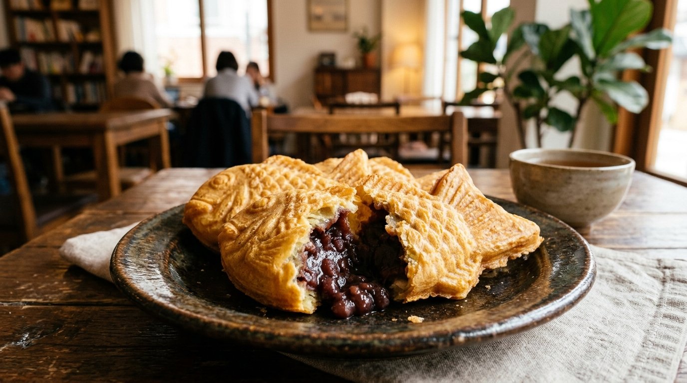 Freshly baked golden Korean Bungeoppang fish-shaped pastry broken open showing sweet red bean paste filling