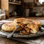Freshly fried Korean Hotteok pancake cut open showing oozing brown sugar cinnamon syrup and chopped walnuts