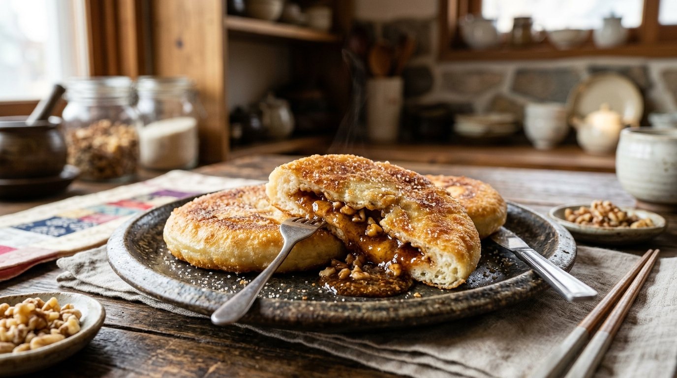 Freshly fried Korean Hotteok pancake cut open showing oozing brown sugar cinnamon syrup and chopped walnuts