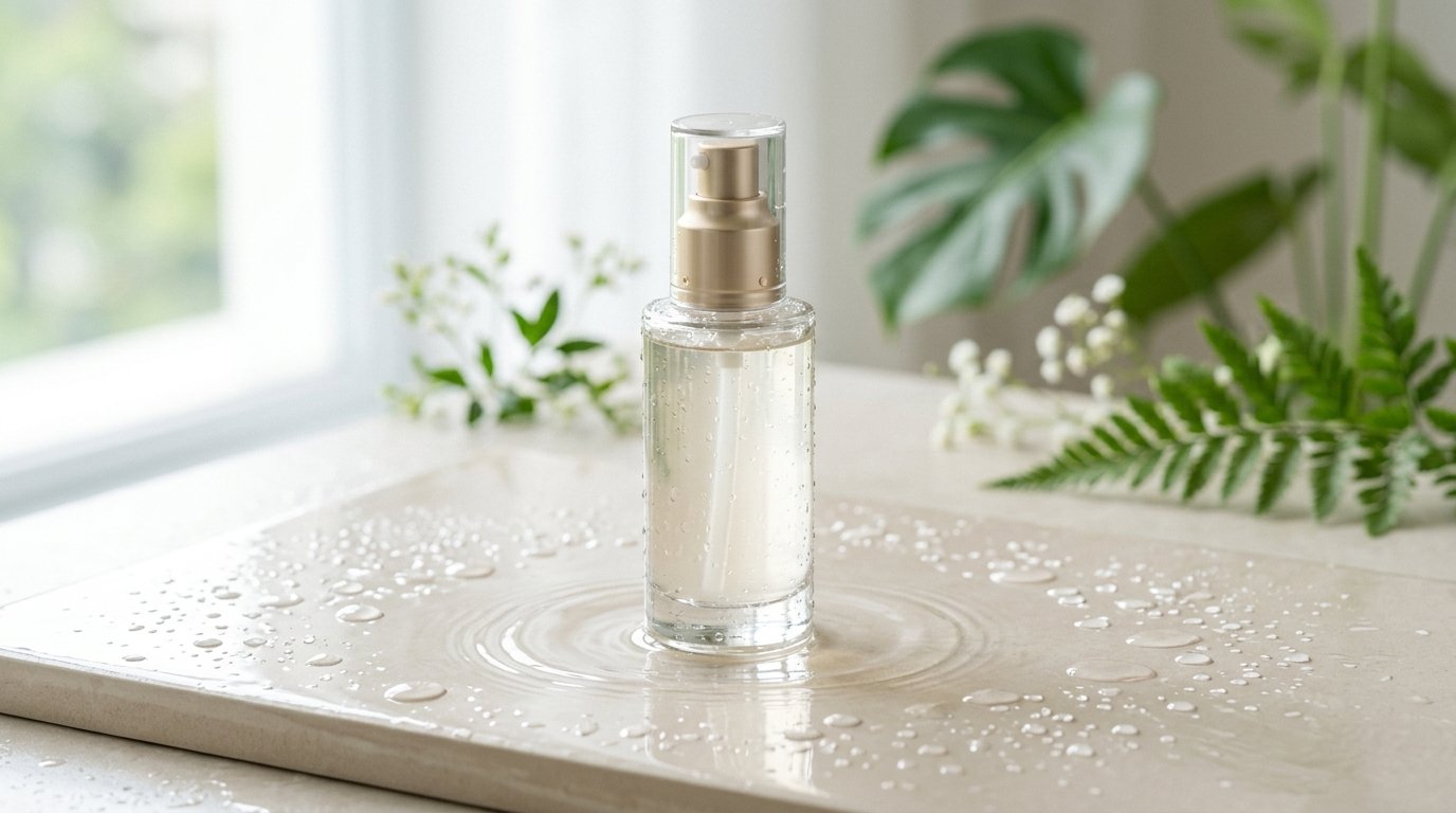 COSRX Advanced Snail 96 Mucin Power Essence bottle on a clean minimalist surface with water droplets representing Korean glass skin