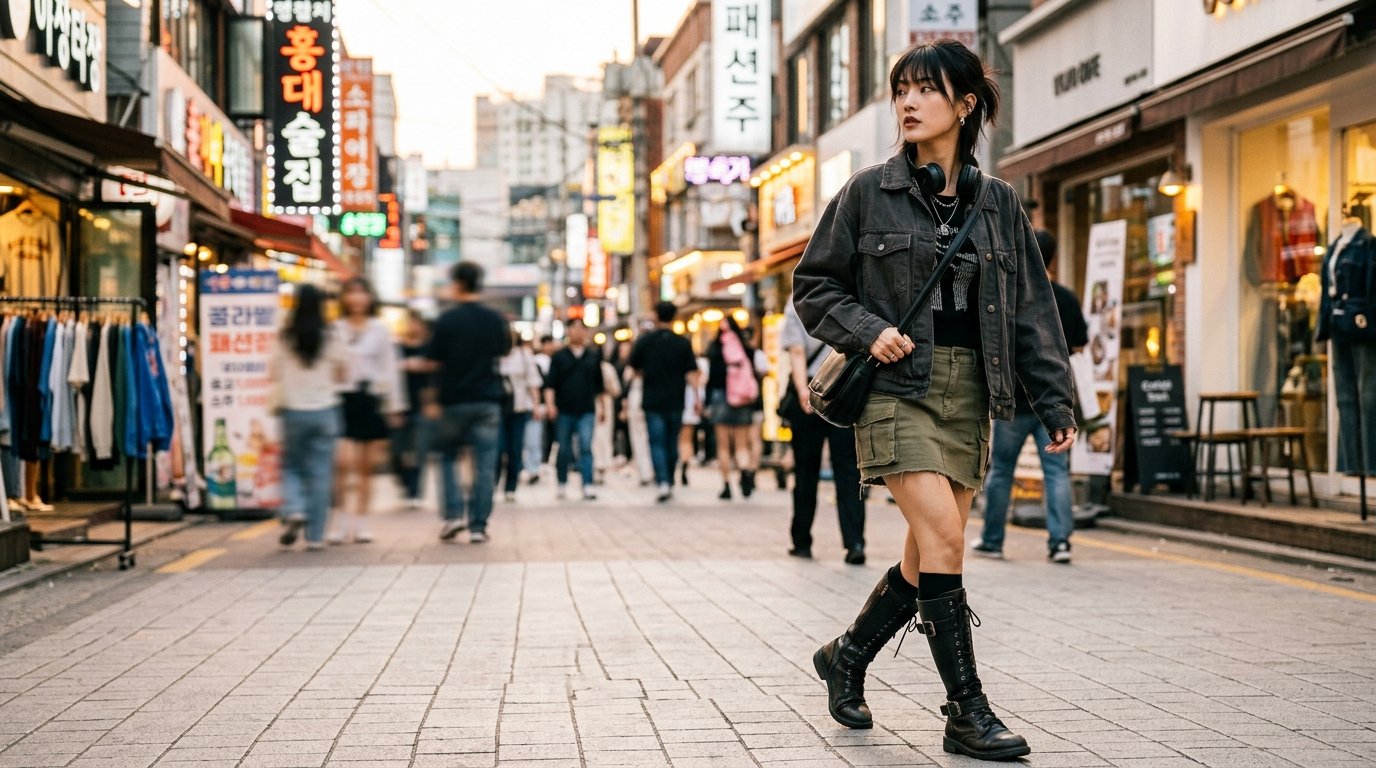 Stylish Asian woman wearing an olive green cargo skirt with black combat boots walking in Hongdae Seoul