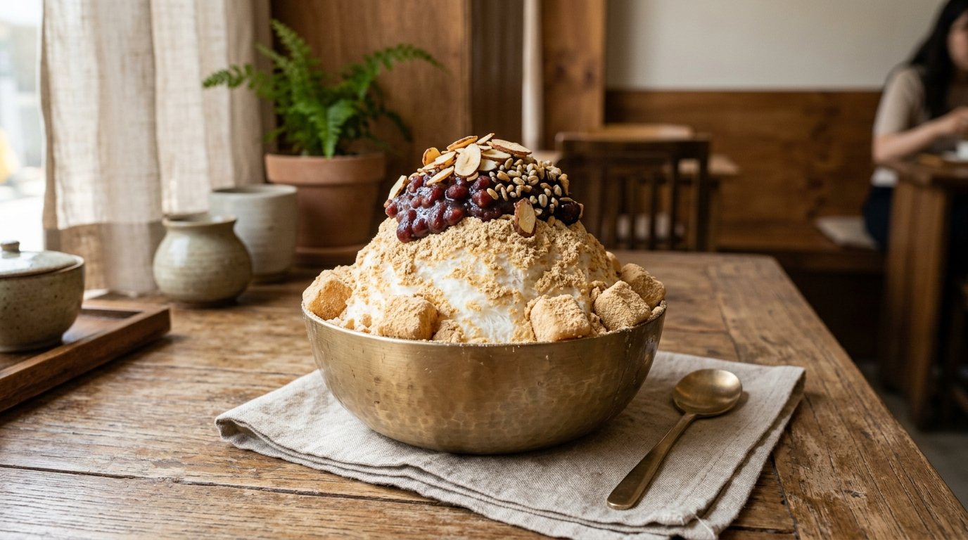 Traditional Korean Injeolmi Bingsu served in a brass bowl topped with sweet red bean tteok rice cakes and roasted soybean powder