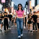 Stylish young Asian woman wearing a pink baby tee low rise denim jeans and tinted sunglasses on a Seoul street representing Korean Y2K fashion