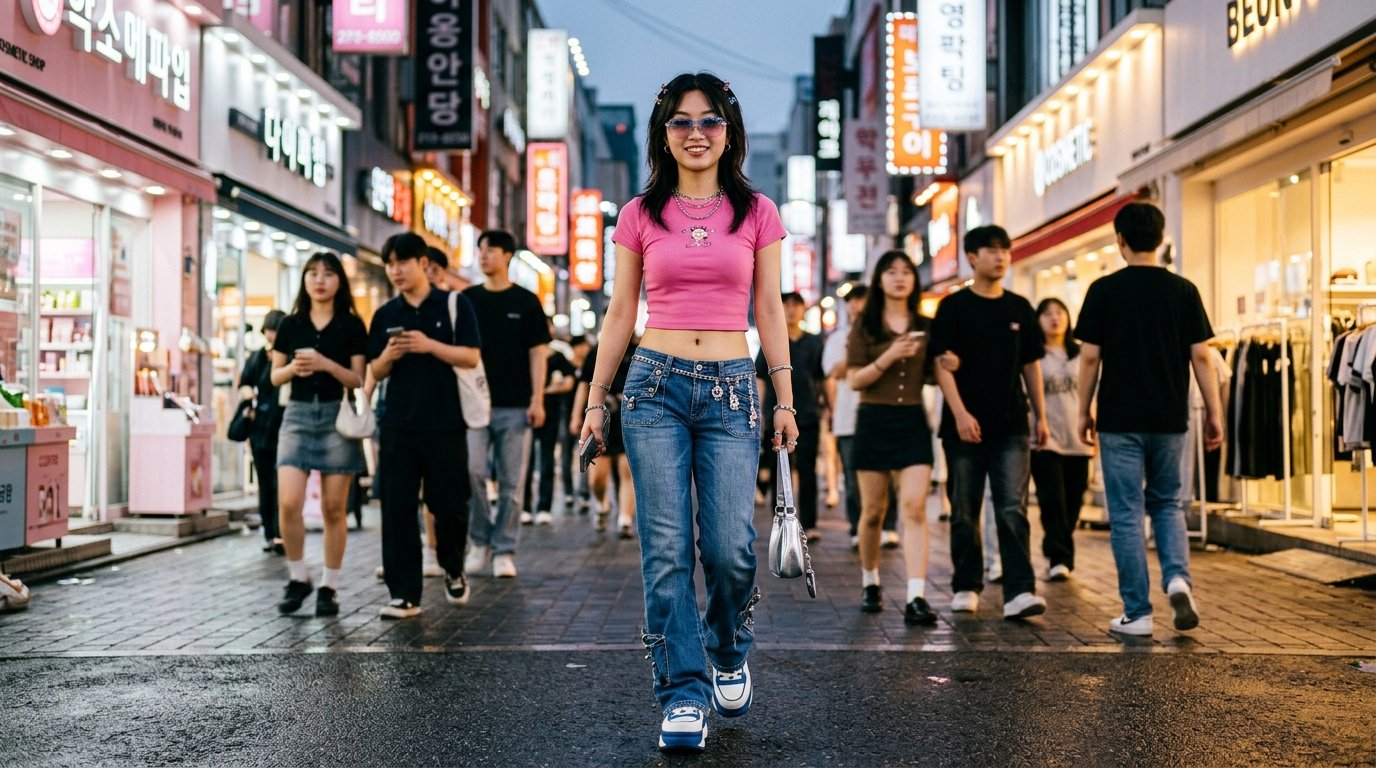 Stylish young Asian woman wearing a pink baby tee low rise denim jeans and tinted sunglasses on a Seoul street representing Korean Y2K fashion